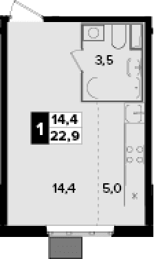 Планировка: Студия 22,9 м² в ЖК «Южная Битца»