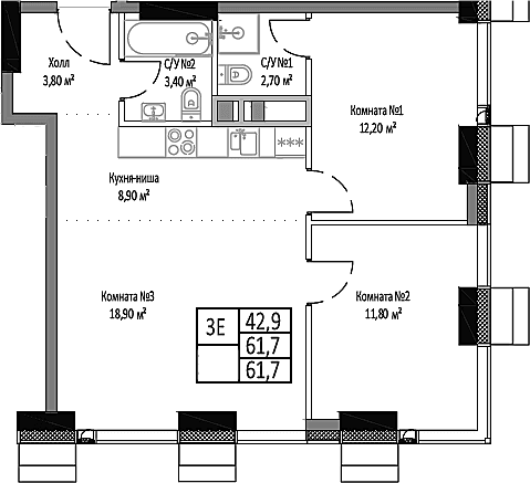 Планировка: Евротрёшка 61,7 м² в ЖК «Мираполис»