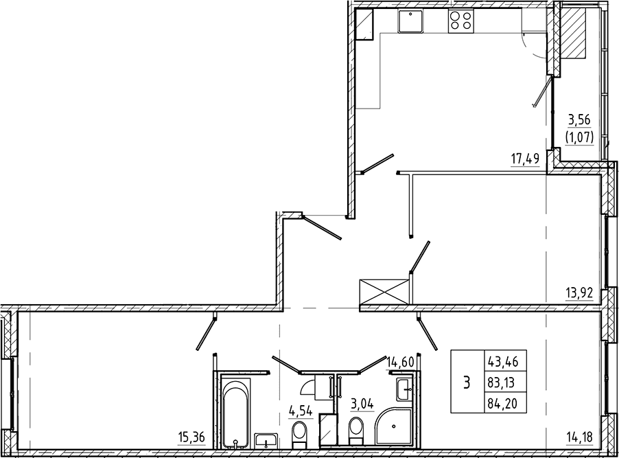 Планировка: 3-комнатная квартира 83,1 м² в ЖК «Регенбоген»