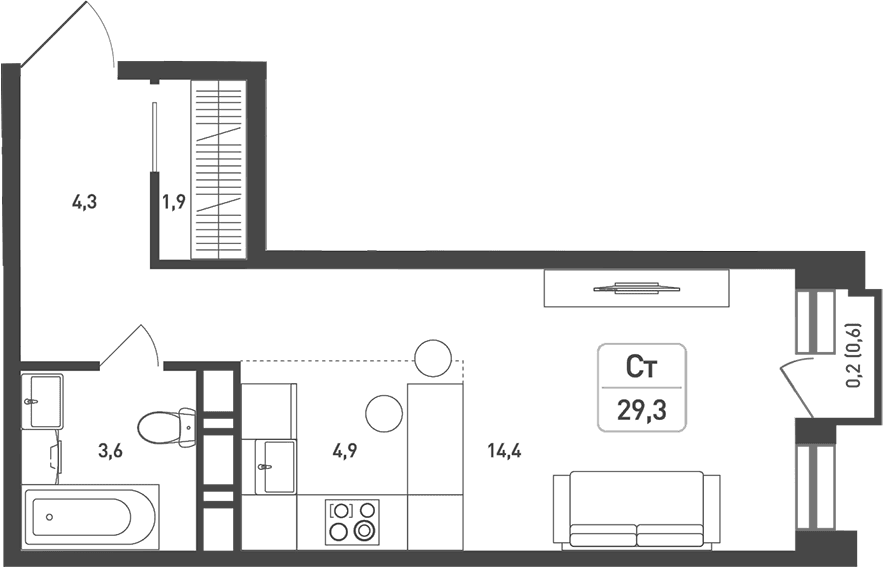 Планировка: Студия 30,2 м² в ЖК «Новая Щербинка»