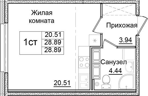 Планировка: Студия 28,9 м² в ЖК «Квартал Заречье»