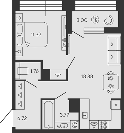 Планировка: Евродвушка 42 м² в ЖК «BASHNI ELEMENT»