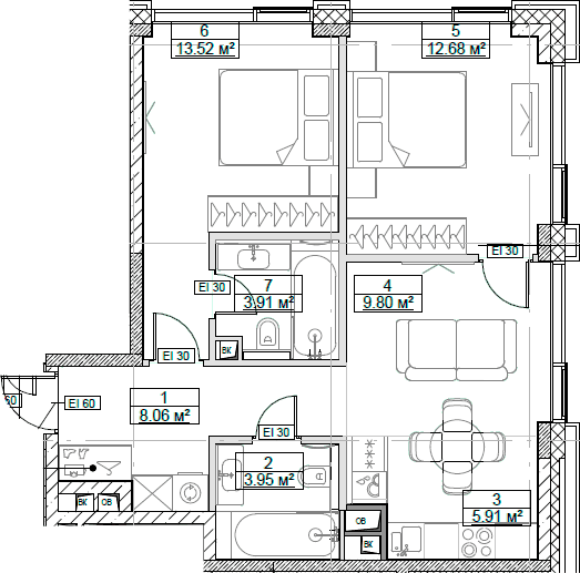 Планировка: Евротрёшка 57,8 м² в ЖК «Сити Бэй»