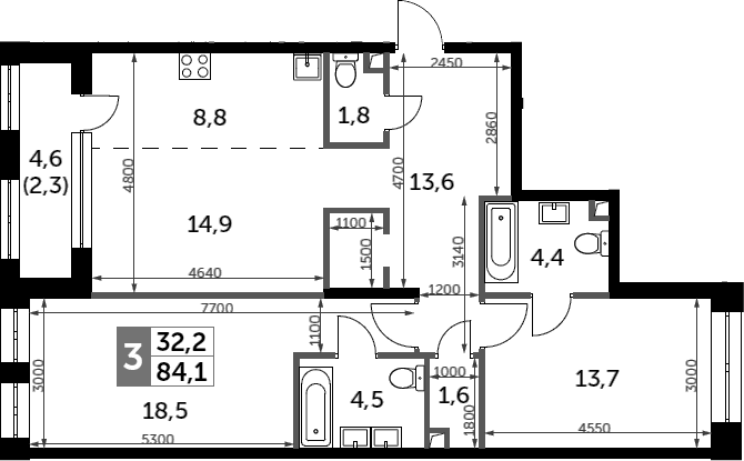 Планировка: Евротрёшка 81,8 м² в ЖК «Сидней Сити»