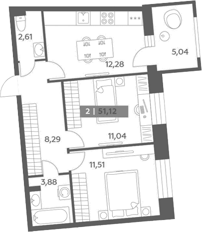 Планировка: 2-комнатная квартира 49,6 м² в ЖК «Аквилон РекаПарк»