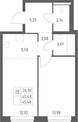 Планировка: Евродвушка 45,5 м² в ЖК «Новое Видное»