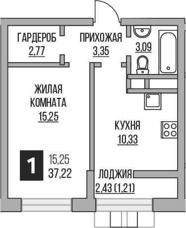 Планировка: 1-комнатная квартира 34,8 м² в ЖК «Гранель Пехра»