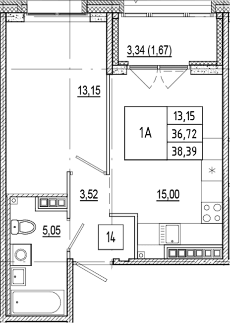 Планировка: Евродвушка 36,7 м² в ЖК «Ranta Residence»