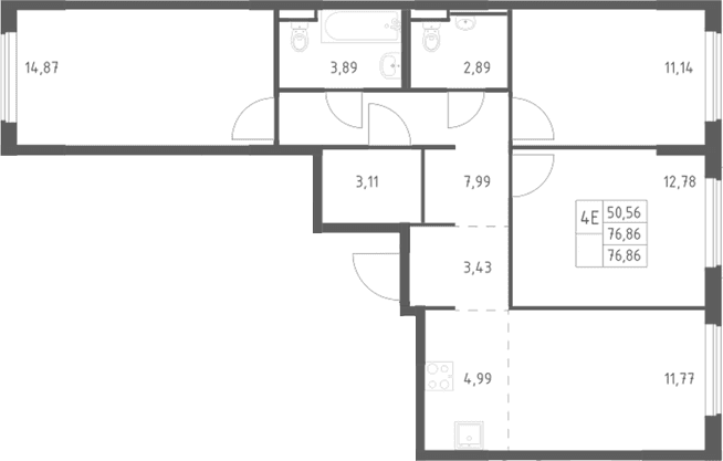 Планировка: Квартира евро-4 76,9 м² в ЖК «Мытищи Парк»
