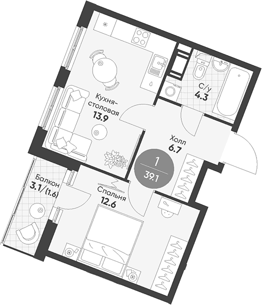 Планировка: 1-комнатная квартира 37,5 м² в ЖК «Клюква.Парк»