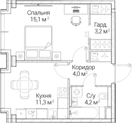 Планировка: 1-комнатная квартира 37,8 м² в ЖК «СЕЗАР БУДУЩЕЕ»
