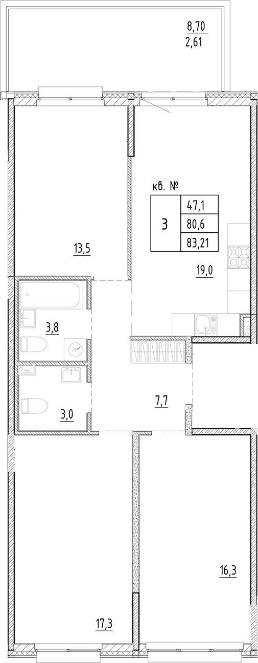Планировка: Квартира евро-4 80,6 м² в ЖК «Плюс Пулковский»