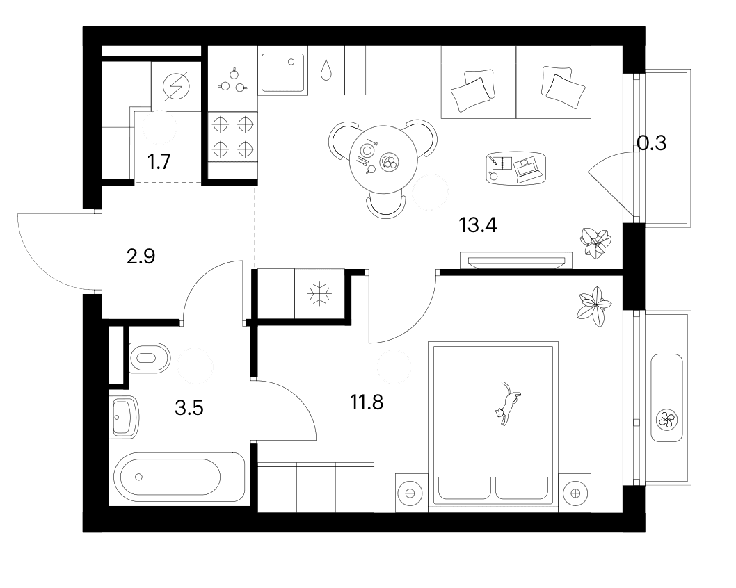 Планировка: 1-комнатная квартира 33,3 м² в ЖК «Зеленый парк»