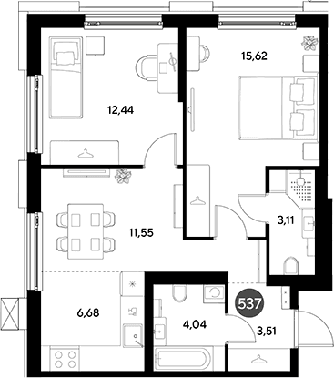 Планировка: Евротрёшка 57 м² в ЖК «ЭВО»