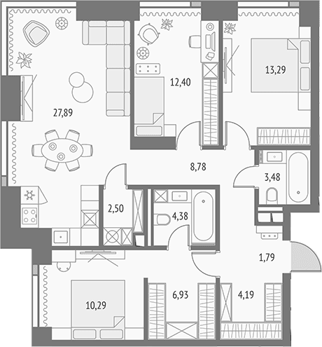Планировка: Квартира евро-4 98,5 м² в ЖК «Апсайд Тауэрс»