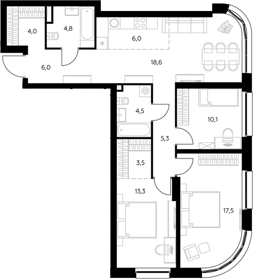 Планировка: Квартира евро-4 93,9 м² в ЖК «Адмирал»