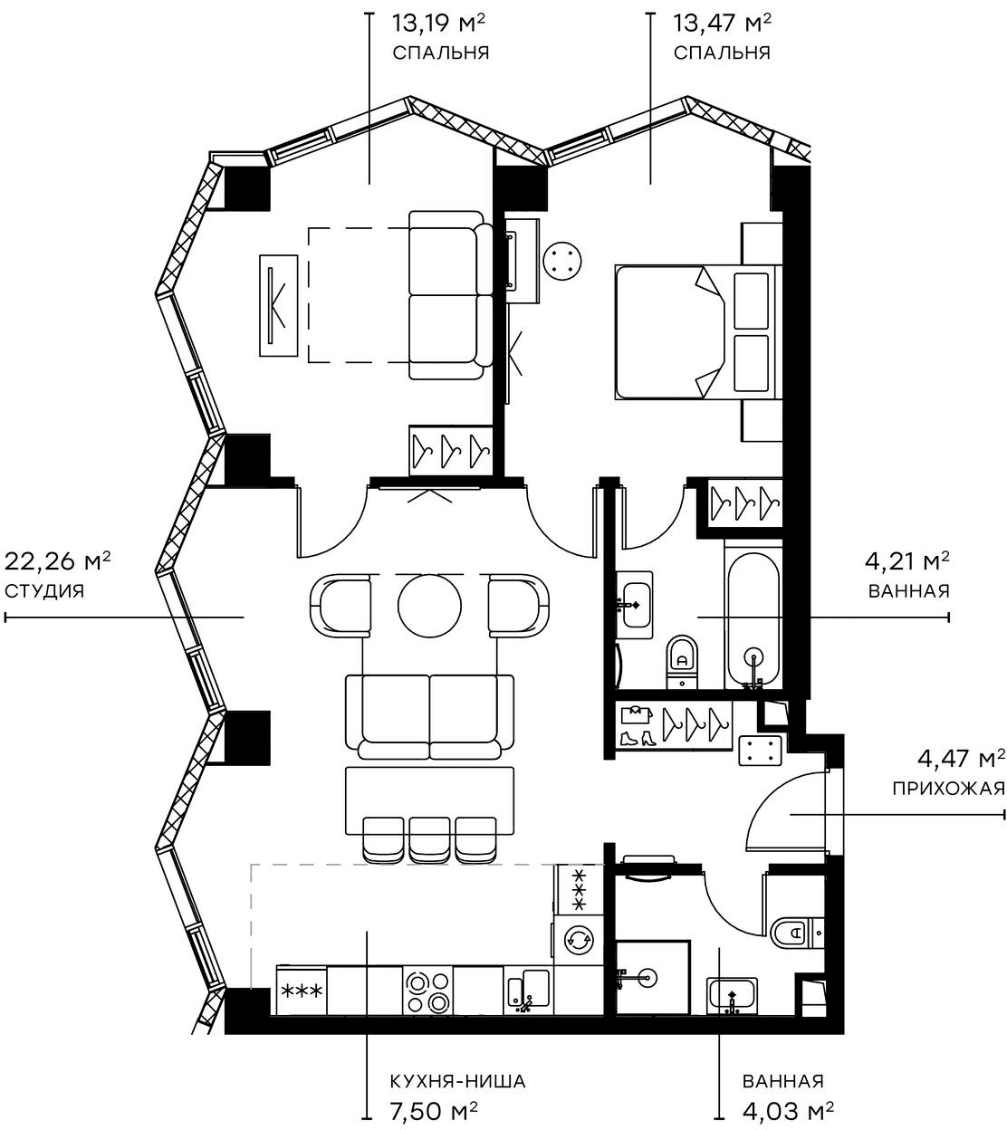 Планировка: Евротрёшка 69,1 м² в ЖК «Симфония 34»