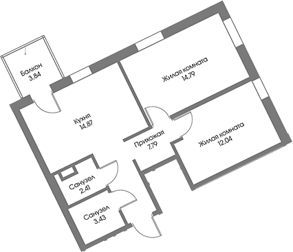 Планировка: 2-комнатная квартира 55,9 м² в ЖК «Рощино Резиденс»