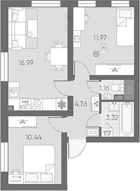 Планировка: Евротрёшка 48,6 м² в ЖК «Морская миля»