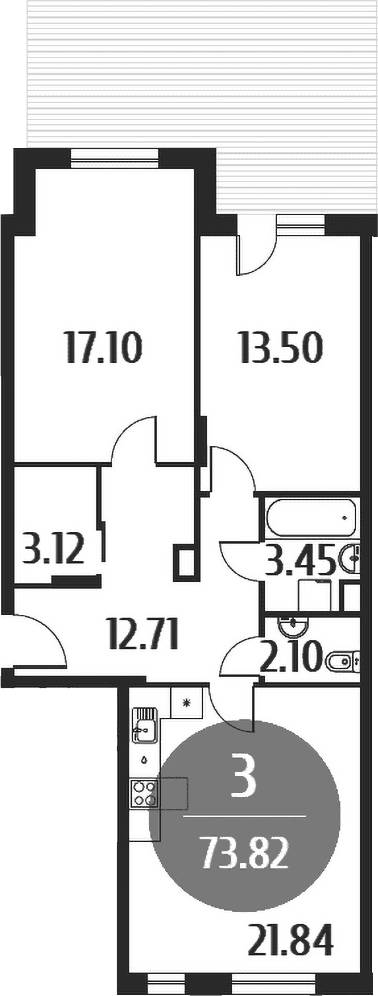 Планировка: Евротрёшка 73,8 м² в ЖК «Равновесие»