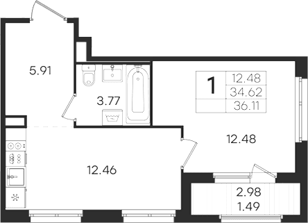 Планировка: 1-комнатная квартира 34,6 м² в ЖК «Романовка»