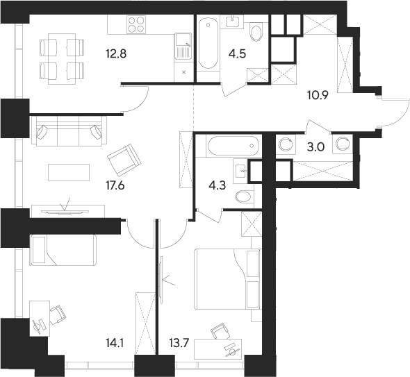 Планировка: 3-комнатная квартира 80,9 м² в ЖК «Инди Тауэрз от Аквилон»
