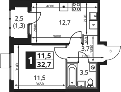 Планировка: 1-комнатная квартира 31,4 м² в ЖК «1-й Ясеневский»