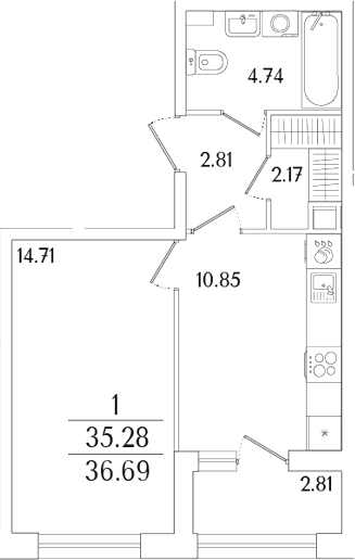 Планировка: 1-комнатная квартира 35,3 м² в ЖК «Аурум»