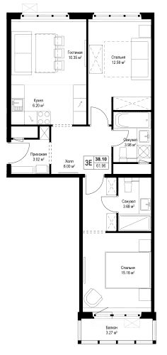 Планировка: Евротрёшка 61 м² в ЖК «У реки.Эко Видное 2.0»