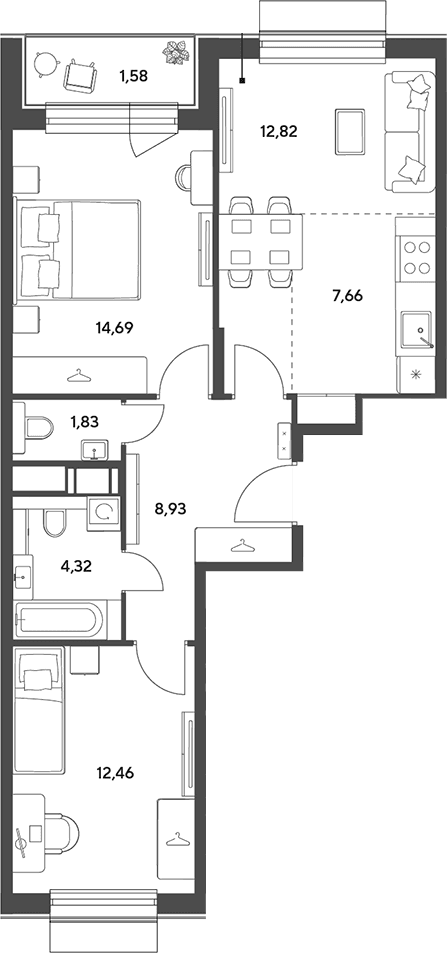 Планировка: Евротрёшка 62,7 м² в ЖК «Публицист»