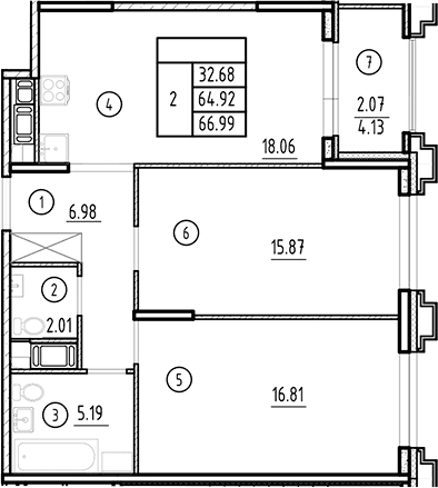 Планировка: Евротрёшка 64,9 м² в ЖК «Ассамблея»