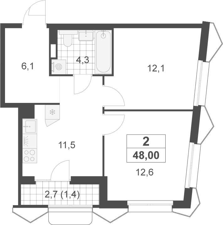 Планировка: 2-комнатная квартира 46,6 м² в ЖК «Деснаречье»