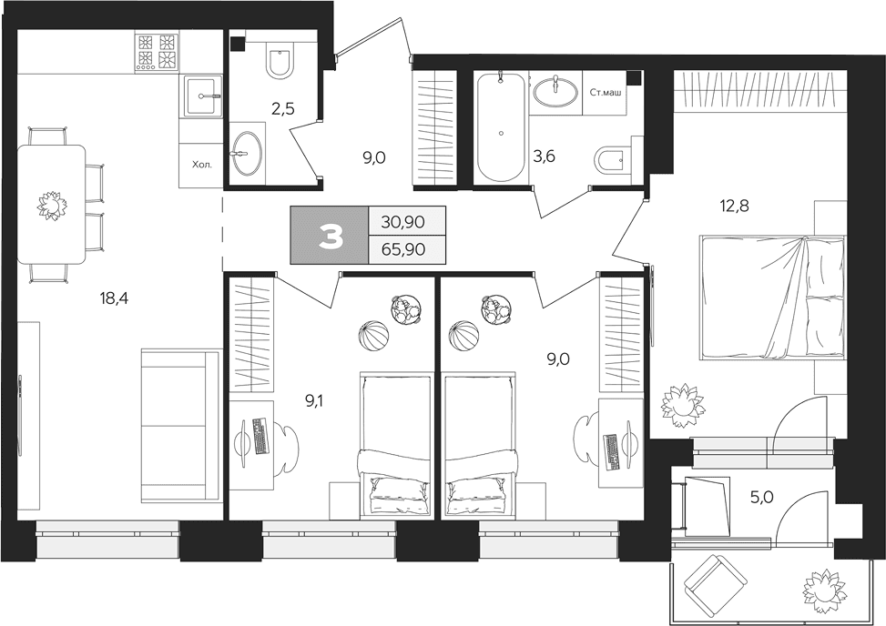 Планировка: 3-комнатная квартира 64,4 м² в ЖК «Ласточкино»