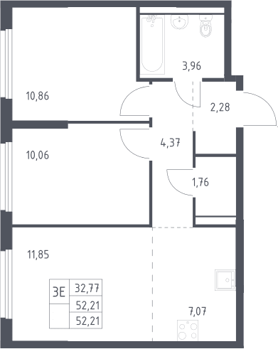Планировка: Евротрёшка 52,2 м² в ЖК «Пригород Лесное»