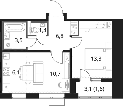 Планировка: 1-комнатная квартира 41,8 м² в ЖК «1-й Шереметьевский»