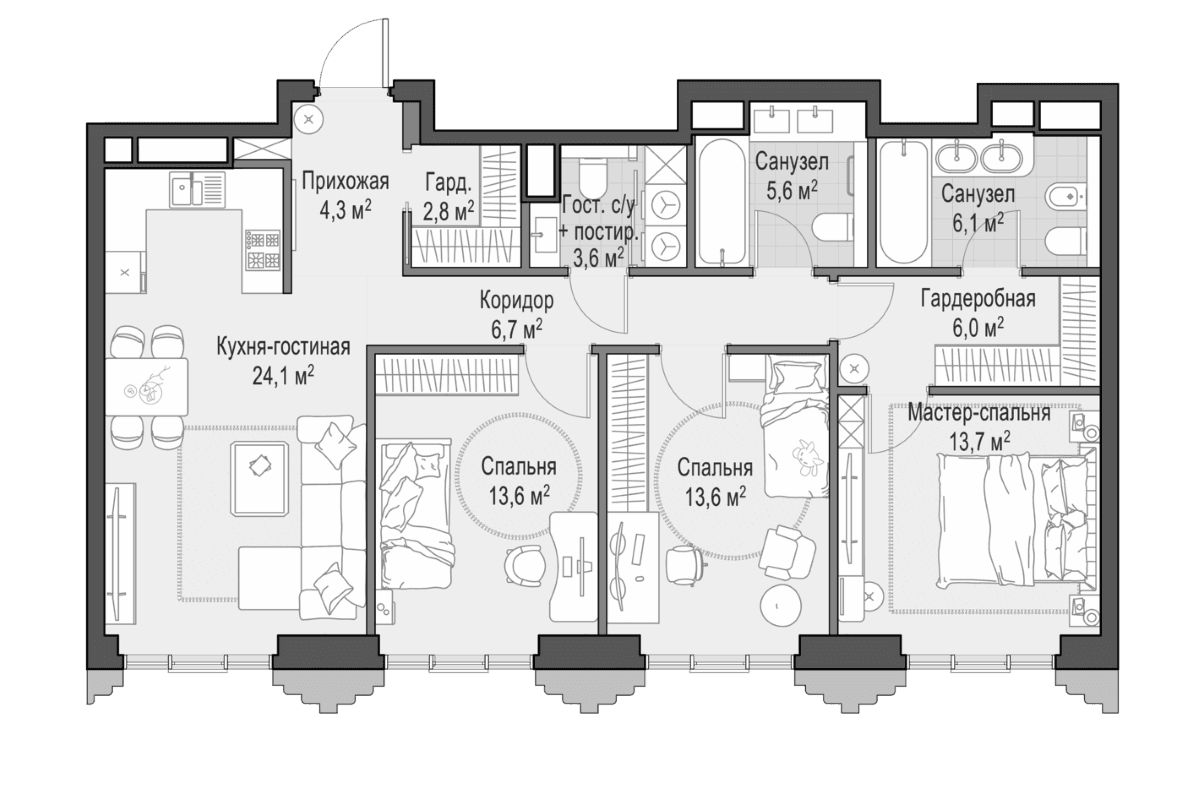 Планировка: Квартира евро-4 100,2 м² в ЖК «Квартал Тишинский бульвар»