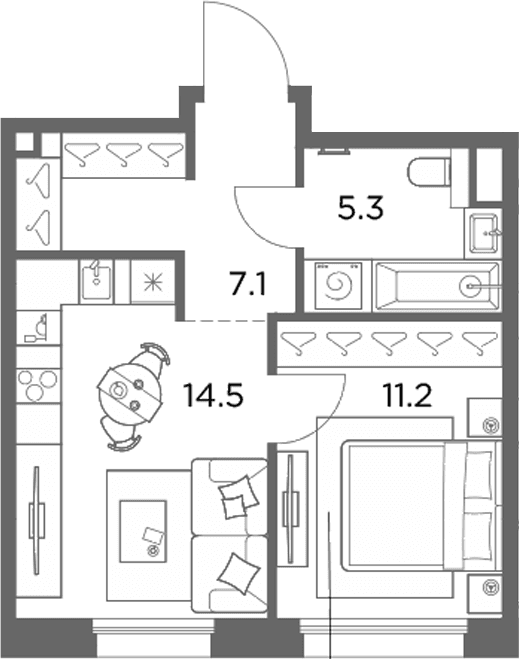 Планировка: 1-комнатная квартира 38,1 м² в ЖК «Станиславский»