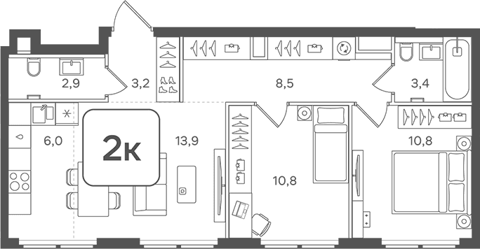 Планировка: Евротрёшка 59,5 м² в ЖК «НАЗАРЕ»