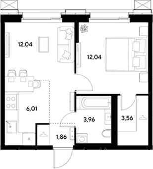 Планировка: Евродвушка 39,5 м² в ЖК «ЭВО»