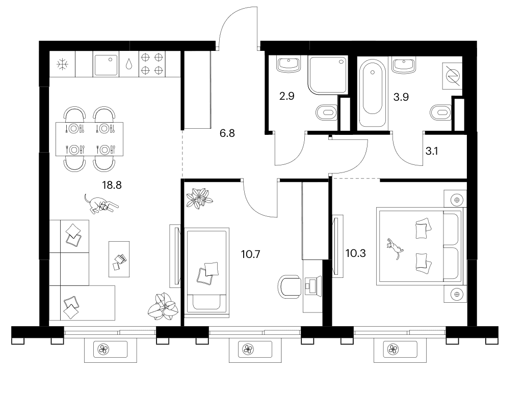 Планировка: 2-комнатная квартира 56,5 м² в ЖК «Белая Дача парк»