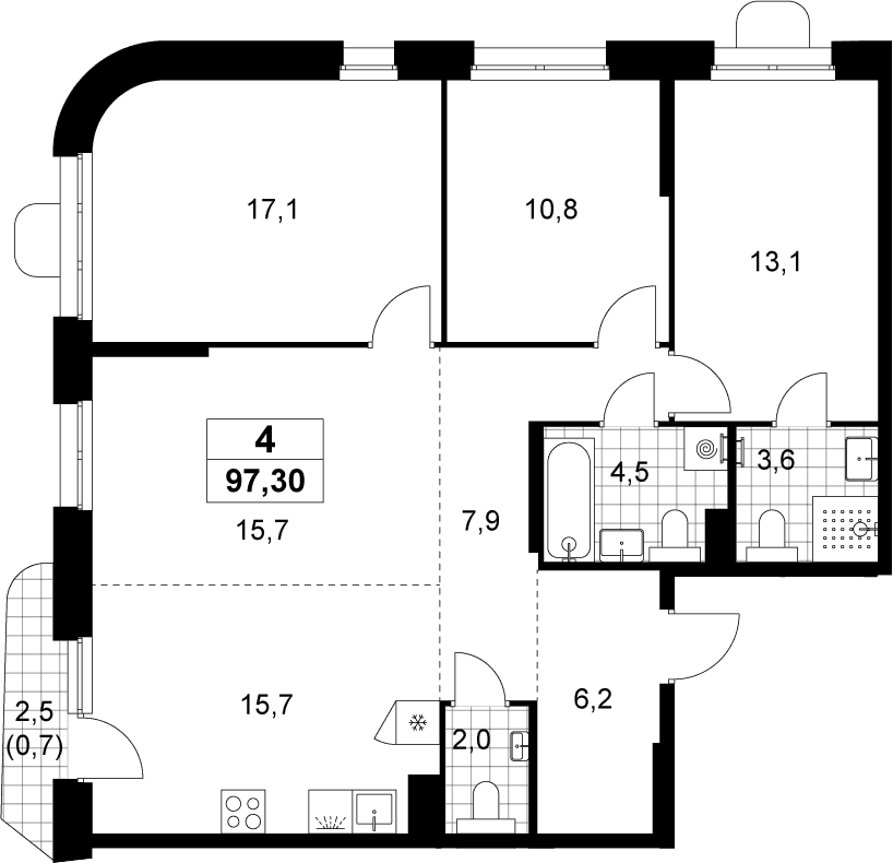 Планировка: Квартира евро-4 96,6 м² в ЖК «Прокшино»
