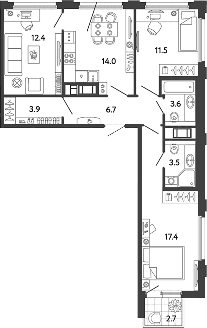 Планировка: 3-комнатная квартира 73 м² в ЖК «Гений»