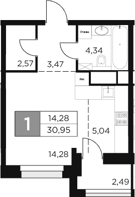 Планировка: Студия 29,7 м² в ЖК «Восток 2»
