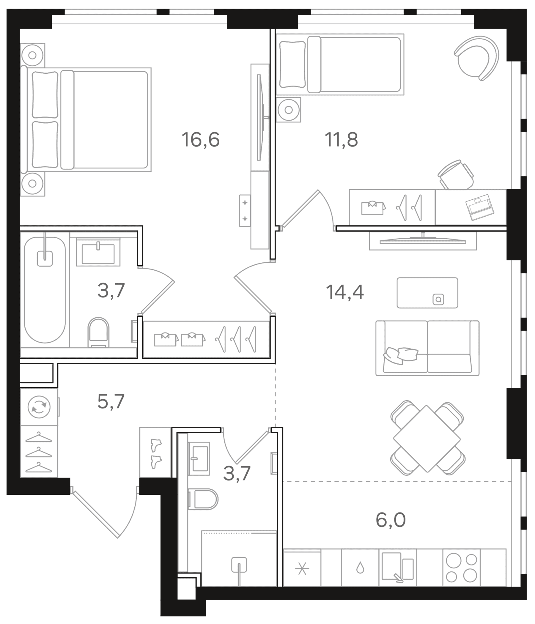 Планировка: Евротрёшка 61,9 м² в ЖК «НАЗАРЕ»