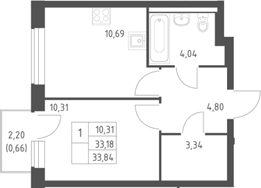 Планировка: 1-комнатная квартира 33,2 м² в ЖК «Горки Парк»