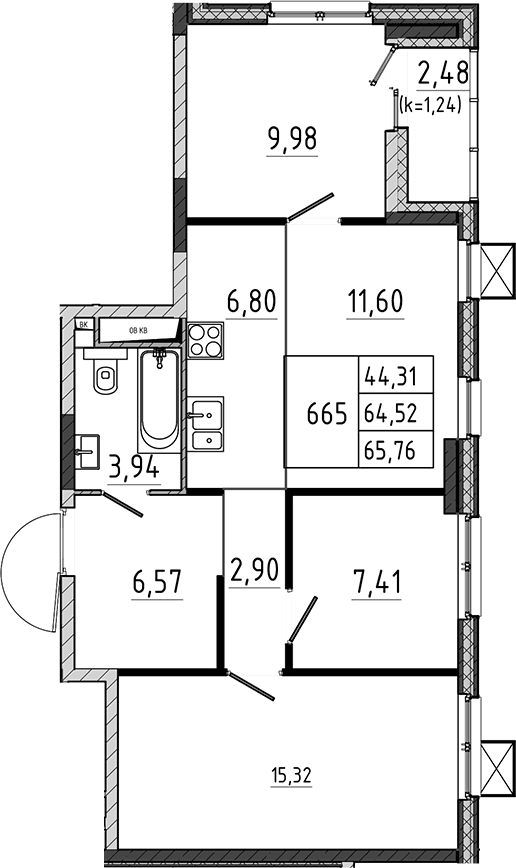 Планировка: Квартира евро-4 64,5 м² в ЖК «Поварово-Молодежный-2»