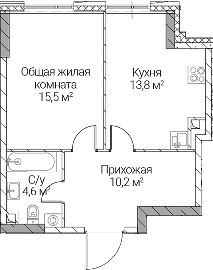 Планировка: 1-комнатная квартира 44,1 м² в ЖК «СЕЗАР СИЛИКА»