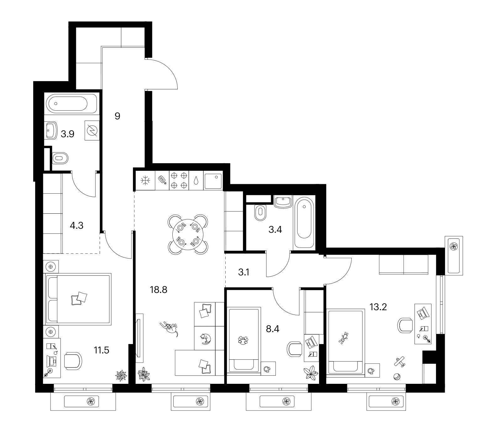 Планировка: 3-комнатная квартира 75,6 м² в ЖК «Ярославский»