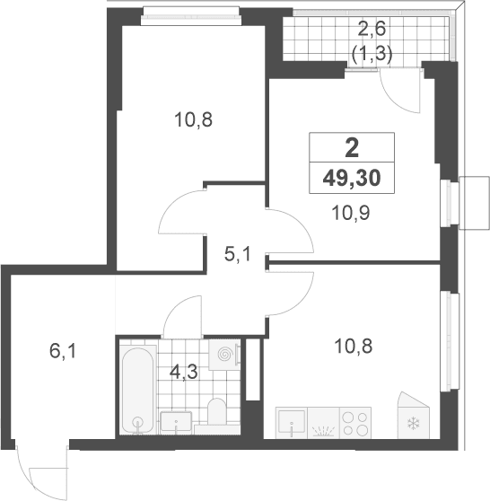 Планировка: 2-комнатная квартира 48 м² в ЖК «Скандинавия»
