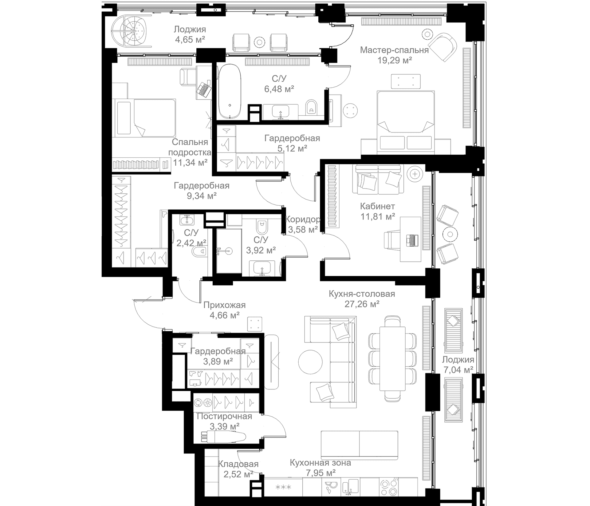 Планировка: 3-комнатная квартира 123 м² в ЖК «МЫС»